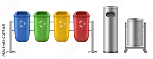 Recycling bin system and metal waste containers. Vector isolated garbage pails on metal frames. Organized waste separation and environmental design. Public space and ecological awareness projects