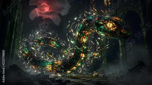 AI-generated premium Halloween fantasy: Basilisk of stained glass, emerald amber obsidian panels, golden eyes, crystal shards, ruined cathedral, blood moon, volumetric fog, photorealistic 4K