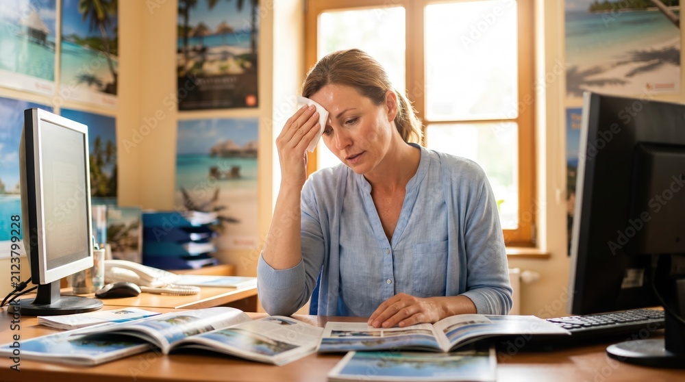 Fototapeta premium Tired female travel agent wiping sweat from her forehead at her desk. Exhausted woman working in a hot office with brochures and posters. Heat suffering concept