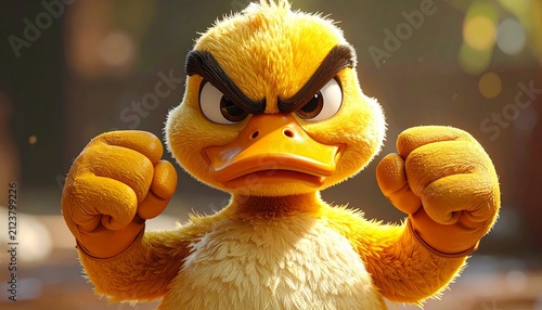 Angry 3D yellow duckling with clenched fists