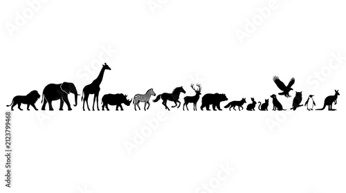 Minimalist black and white illustration of diverse African savanna animals in a line formation