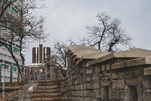 Ancient Seoul City Wall with Modern Office Building