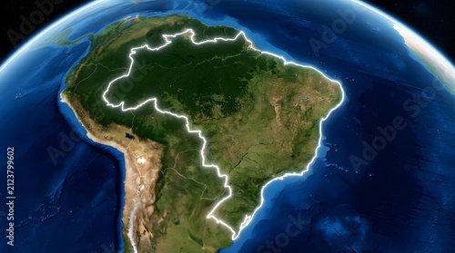 Glowing border of brazil map on blue earth planet representing location tracking.