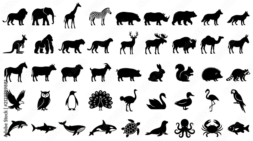 Obraz premium Minimalist black and white animal icons set featuring diverse wildlife silhouettes for branding and design