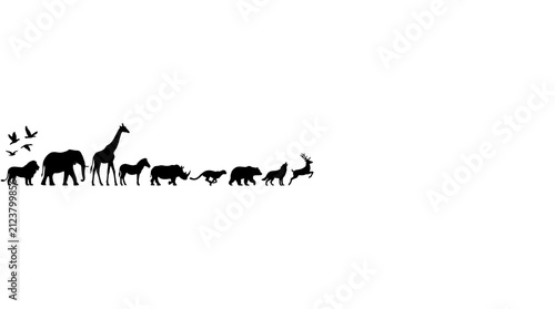 Minimalist black and white illustration of diverse animals walking in a line formation