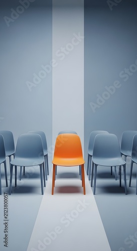 Orange Chair Standing Out Among Blue Chairs in Modern Waiting Room, Leadership and Individuality Concept for Recruitment, Career Opportunity, Business Success, Diversity and Team Selection