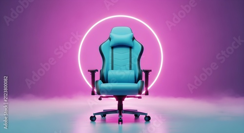 Blue Ergonomic Gaming Chair with Pink Neon Circle on Purple Background, Futuristic Computer Furniture for Esports, Streaming Setup, Gaming Room, Home Office and Product Advertising