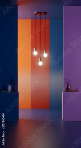 Colorful Modern Interior with Geometric Walls and Hanging Pendant Lights, Contemporary Architectural Background for Home Decor, Showroom Display, Creative Advertising and Interior Design
