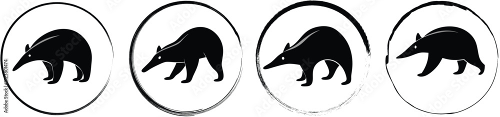 Obraz premium Set of four circular featuring a black silhouette of a bear animal on a white background, with different circular, border textures