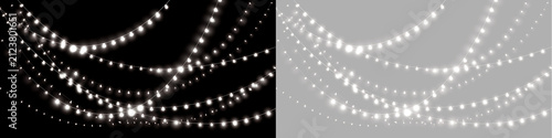 White glowing string lights draped garland overlay. Hanging Christmas fairy light strands on transparent background
