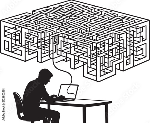 Man Working Laptop Connected To Complex Maze Vector Problem Concept