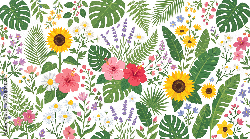 Tropical flowers and leaves seamless vector pattern on a white background