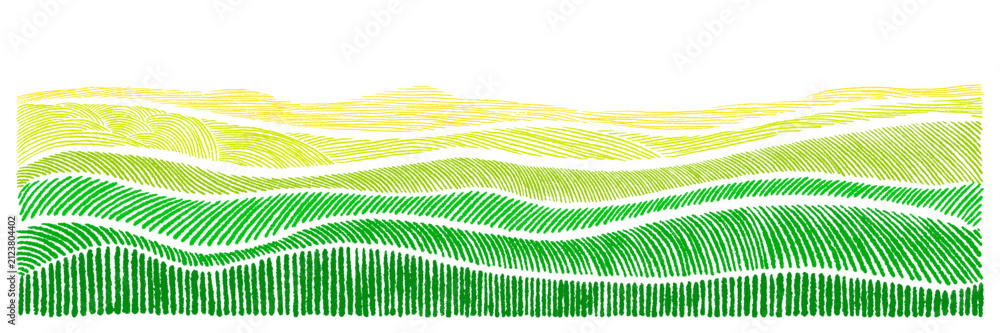 Naklejka premium Agricultural field landscape with green grass texture. Vector hand drawn color illustration perfect for farm and village poster, featuring soft geometric line and abstract tuscany pattern. Scribble bg