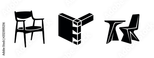 Fotografie Furniture Design and Woodworking Icons with Chair and Dovetail Joint