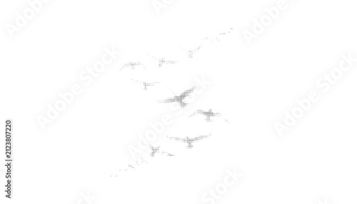 Flock of birds flying together rendered in a stylized black halftone dot pattern on a pure white background.
