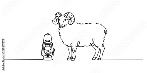 Continuous one line drawing of a ram standing next to a vintage oil lamp