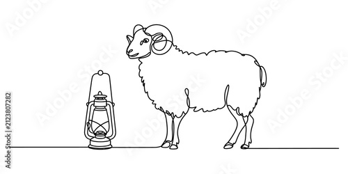 Continuous one line drawing of a ram standing next to a vintage oil lamp