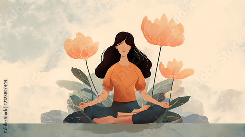 Woman meditating amongst stylized floral illustrations in a watercolor style composition illustration painting