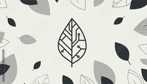 Green technology concept with a central leaf featuring printed circuit board traces surrounded by falling leaves.