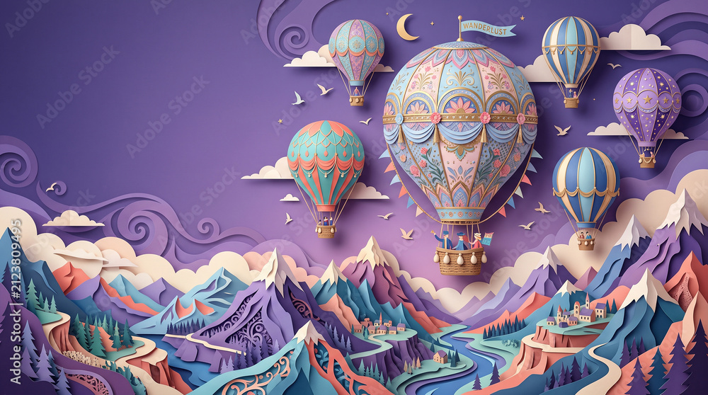 Obraz premium Fantasy paper cut landscape with ornamental hot air balloons flying over purple mountains, river, and village, magical wanderlust journey and adventure background with copy space.