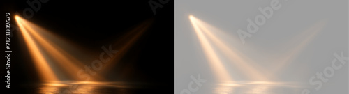 Quadro su tela Warm golden spotlight beams shining on dark stage floor