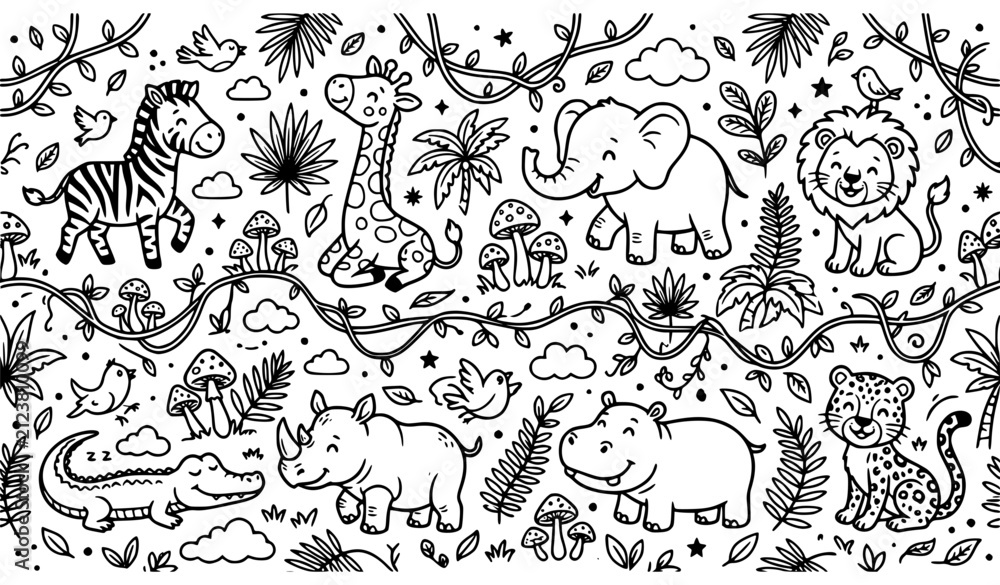 Obraz premium Seamless Cartoon Safari Animal Pattern Hand Drawn Doodle Outline Jungle Vector