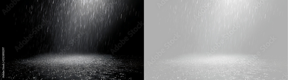 Naklejka premium Pouring rain overlay effect with overhead spotlight. Falling water drops hitting wet ground surface