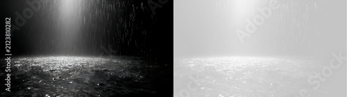 Realistic heavy rain effect under spotlight on wet surface. Falling water drops overlay with floor splash reflection