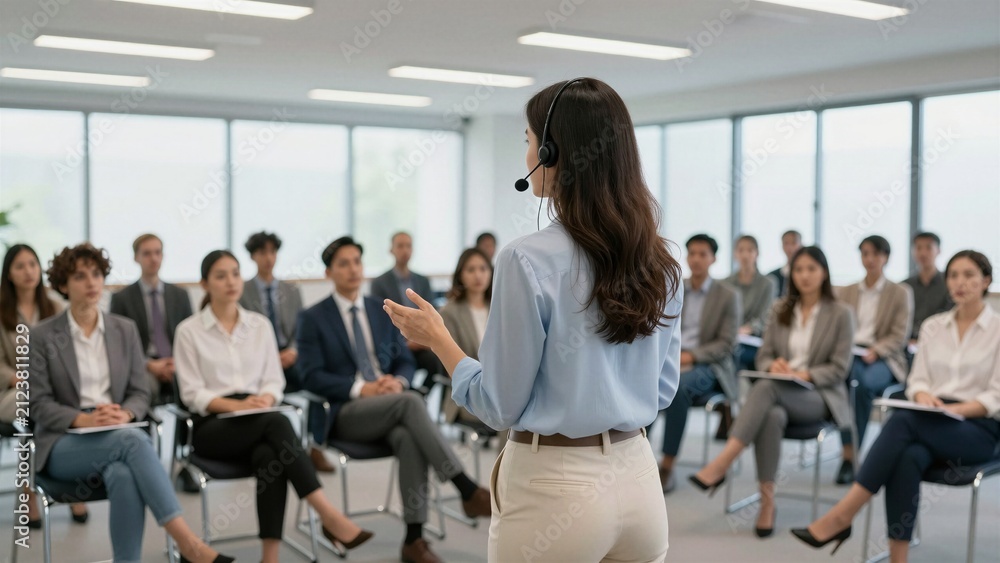 Obraz premium Professional speaker addresses attentive audience during corporate business conference seminar in modern office setting.