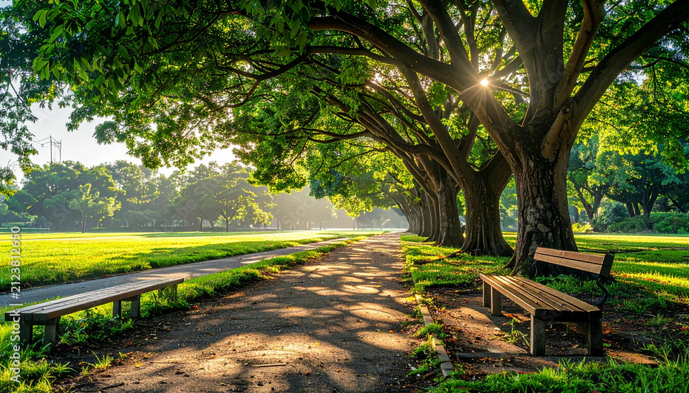 Fototapeta premium 影とベンチのある夏の公園の遊歩道 Generative AI