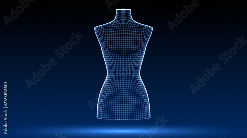 3D wireframe mannequin design on blue background  