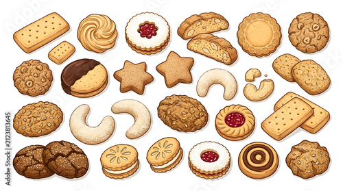 Freshly Baked Sweet Pastry Collection Featuring Jam Rings, Gingerbread Stars, and Shortbread