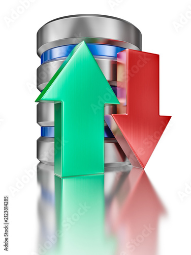 Database upload download concept - hard disk drive data storage database icon symbol featuring arrows isolated on white background