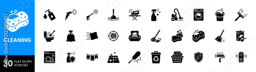 Cleaning Tools Housework Sanitation and Hygiene Flat Glyph Icon Set