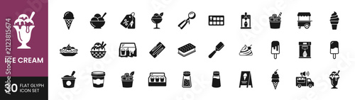 Ice Cream Dessert and Sweet Cold Treats Flat Glyph Icon Set