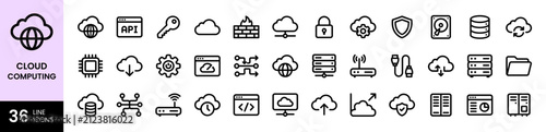 Cloud Computing and Server Data Storage Line Icon Set