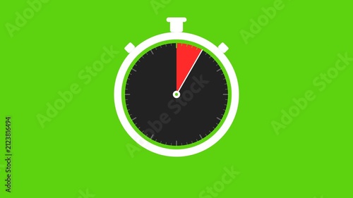 Stopwatch clock with red pie slice area reducing clockwise on green screen for time tracking and urgency visualization.