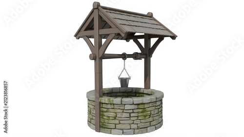 Old stone water well with wooden roof and bucket for drawing water from underground source in a garden or farm setting isolated on transparent background