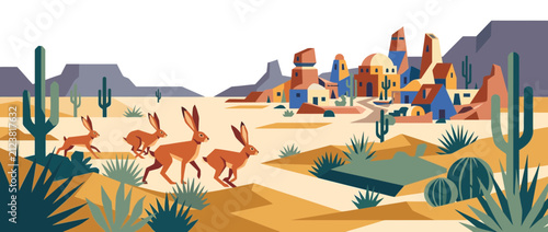 Canvas Print Desert Landscape Illustration with Running Hares and Pueblo Village