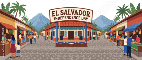 Quadro su tela El Salvador Independence Day Celebration in a Traditional Town Square