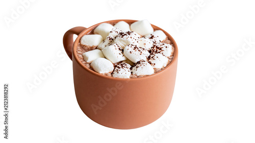 Photography Terracotta mug filled with hot chocolate and fluffy marshmallows sprinkled with