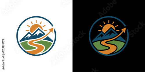 Fotografie Scenic logo portraying a winding path through mountains under a bright sun, with
