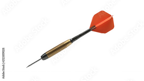 One single orange dart with a metal tip and gold grip for playing the traditional pub game of darts as a professional sports equipment item for aiming at a board to score points in a competition isola