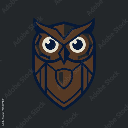 A stylized geometric illustration of a brown owl on a dark background