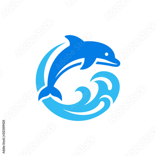 A stylized blue dolphin jumping out of a circular ocean wave graphic
