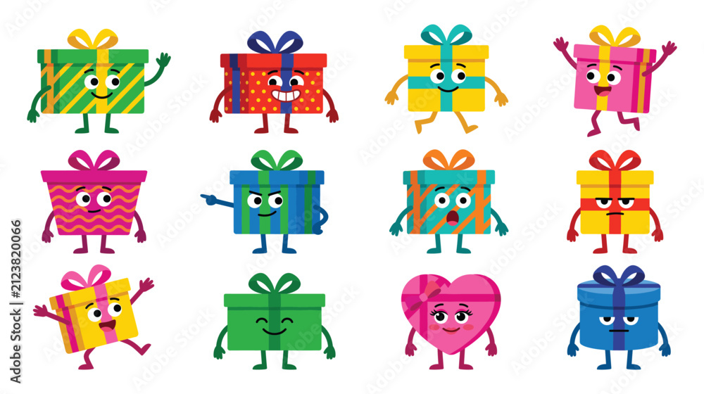 Obraz premium Cute cartoon gift boxes with smiling faces and various expressions.