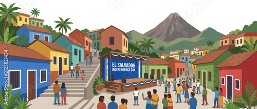 Quadro su tela El Salvador Independence Day Celebration in Colorful Village Square