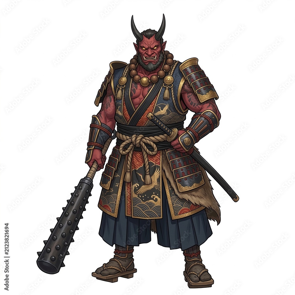 Obraz premium Red skinned Oni demon wearing ornate samurai armor and holding a giant spiked iron club kanabo