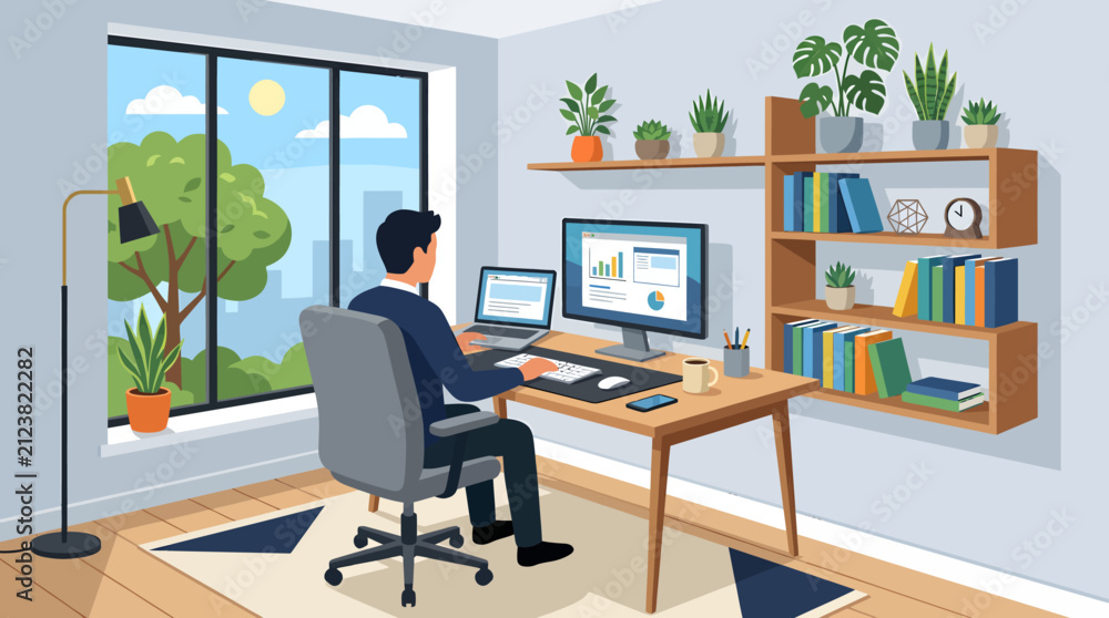 Fototapeta premium Flat Vector Home Office Workspace with Laptop Monitor and Ergonomic Chair