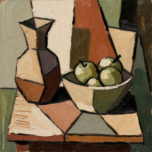 Cubist-style still life with vases and fruit